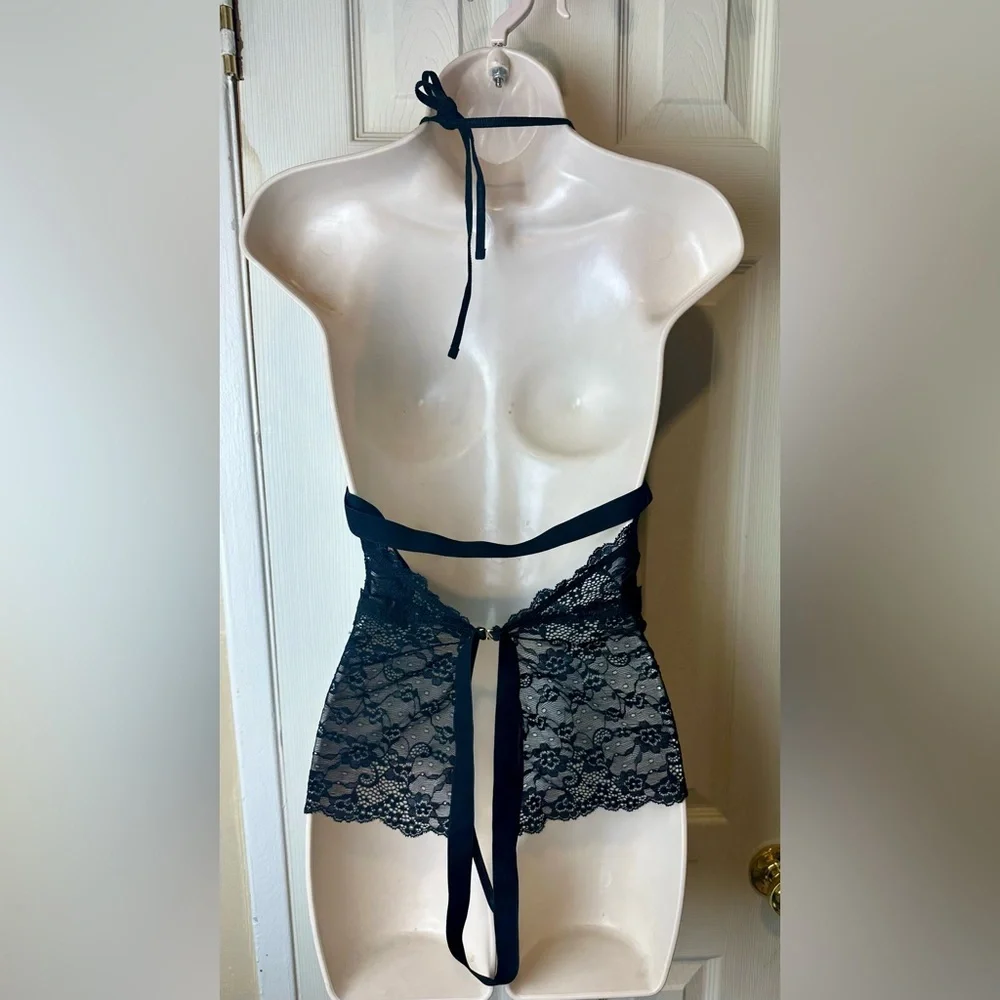 Mapale Sheer Black Lace Halter Chemise with Front Slit Open Gusset